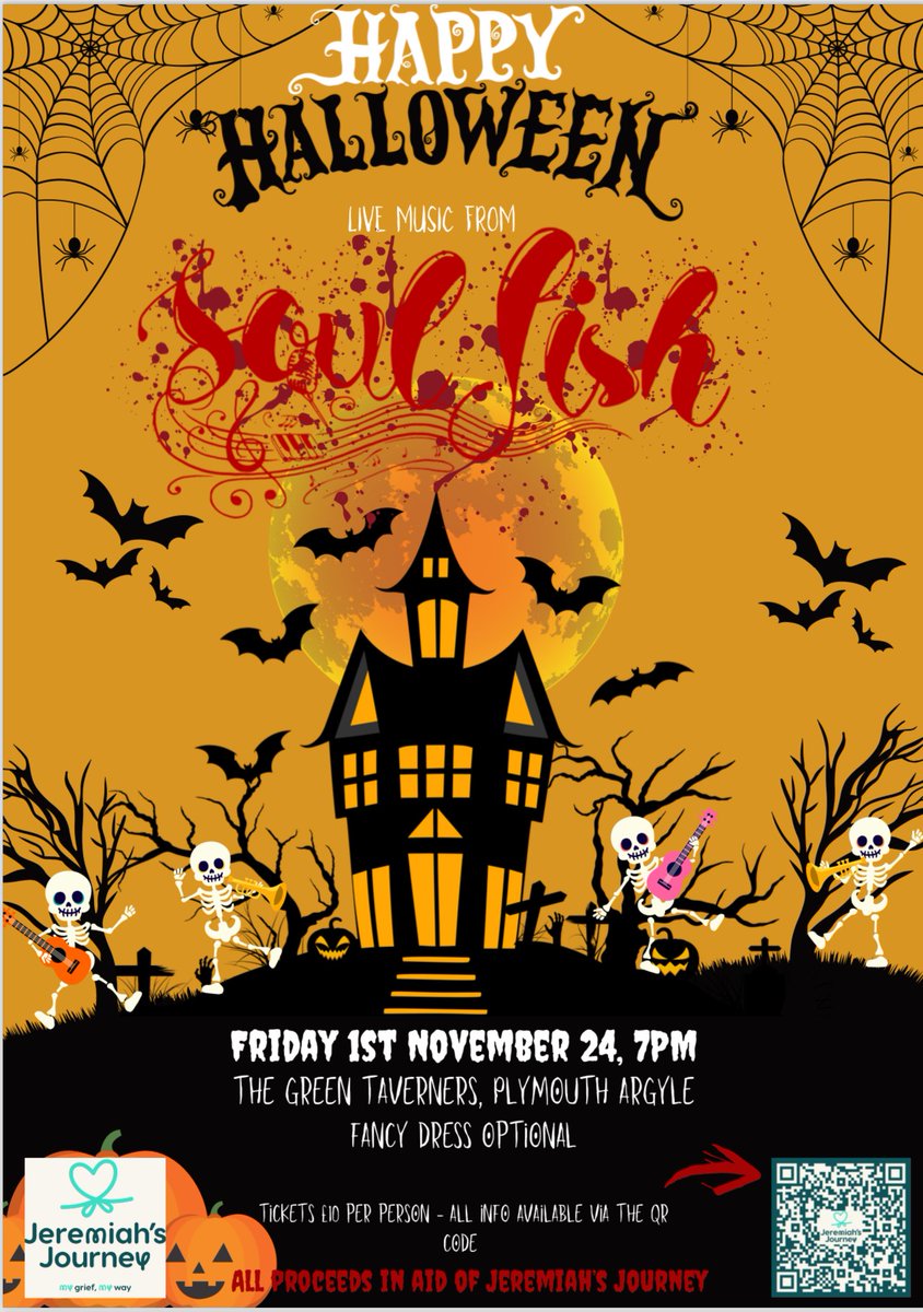 Hallowe'en Spook-tacular | #livemusic #fundraiser
The sensational Soul fish are back again to raise funds for Jeremiah's Journey. Follow the link to get your ticket 😀🎃👻!
tickettailor.com/events/jeremia…
Tickets £10: Far Post Club, PL2 3DQ, Fri 1 Nov 2024, 7PM - 12AM
#Plymouth