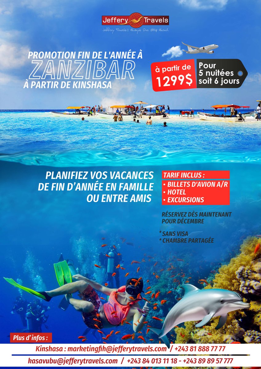 JefferyTravels's tweet photo. Profitez de nos offres spéciales promotion de fin d'année.
Réservez dès maintenant.

#JefferyTravels #kinshasa #Congo #RDC  #banacongo #rdcongo #congokinshasa #mwanamboka #Offre #dubai #voyage #zanzibar #ilemaurice #desert #plages #vacances #excursion #visa #hotel #promotion https://t.co/vAaijK9oyY
