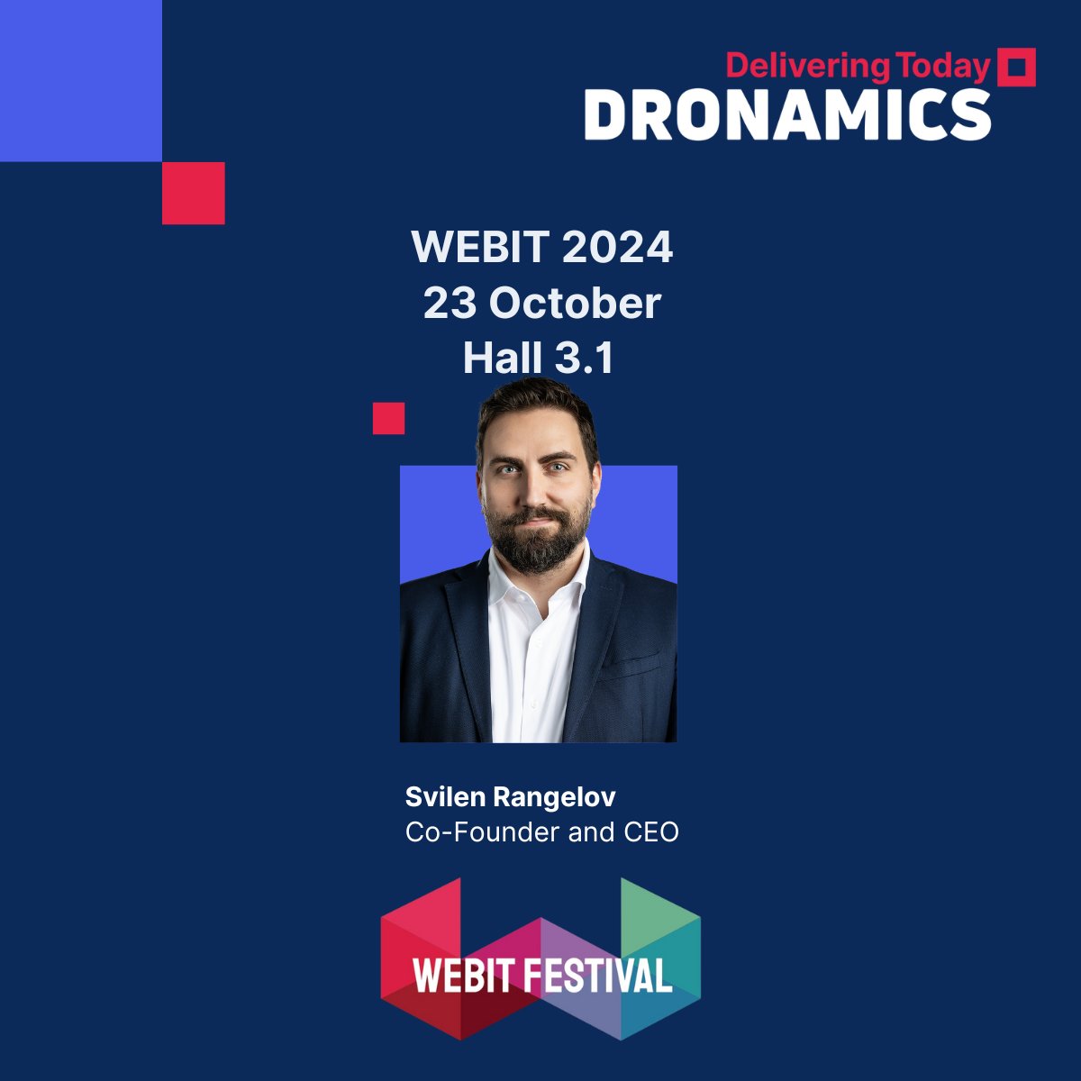 Next stop ⏩<a href="/WebitFestival/">Webit Festival</a> Sofia 
🎤 Our Co-Founder and CEO <a href="/svilenrangelov/">Svilen Rangelov</a> will be speaking on the Founders stage, sharing insights from Dronamics' journey and the future of tech-driven logistics.
🗓️ 23rd October
📍 Hall 3.1, NPC, Sofia

#Dronamics #cargodrones #WEBIT
