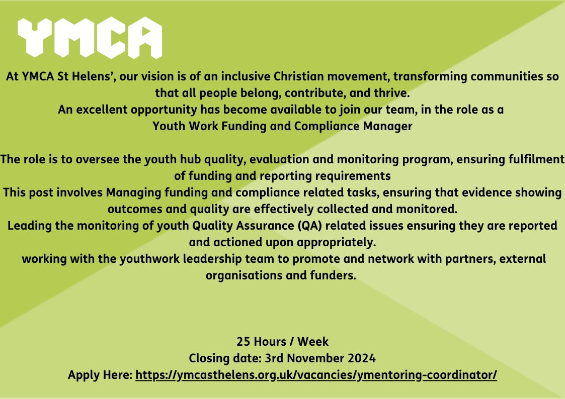 An excellent opportunity has become available to join our team, in the role as a 
Youth Work Funding and Compliance Manager
apply at ymcasthelens.org.uk/vacancies/yout…
#youthwork#mersysidejobs#sthelensjobs#youth#youngpeople#jobs#funding#compliance