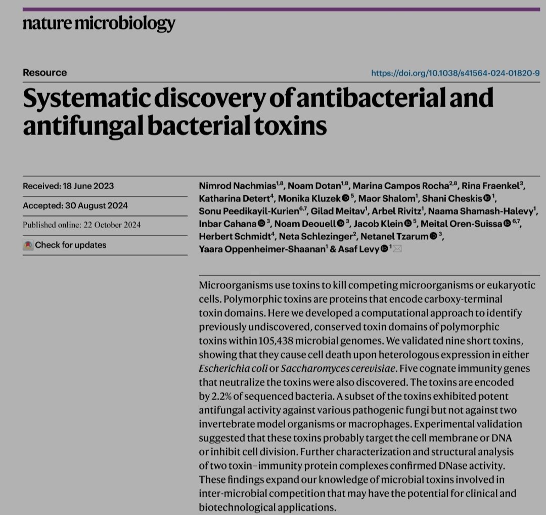 Asaf Levy אסף לוי اسف ليڤي (@asaflevyhuji) on Twitter photo I am excited to share our work "Systematic discovery of antibacterial and antifungal bacterial toxins" that is published in <a href="/NatureMicrobiol/">Nature Microbiology</a>
nature.com/articles/s4156… I am excited to share our work "Systematic discovery of antibacterial and antifungal bacterial toxins" that is published in <a href="/NatureMicrobiol/">Nature Microbiology</a>
nature.com/articles/s4156…