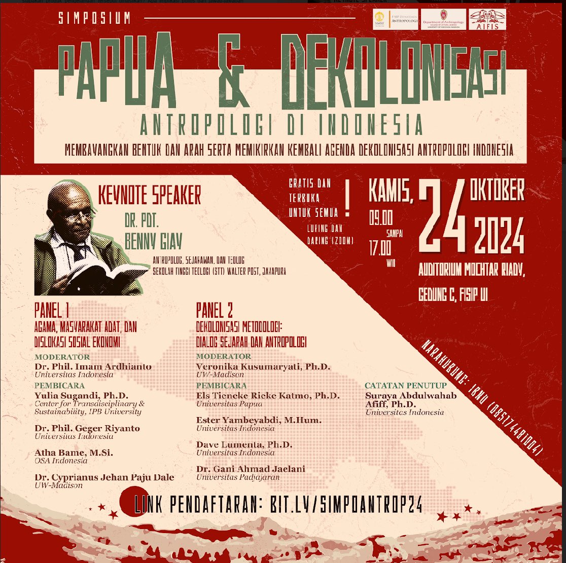 Papua dan Dekolonisasi Antropologi di Indonesia. Bersama Dr #BennyGiay sebagai keynote speaker. Saya akan bercerita ttg Kekristenan Pribumi di Tanah Papua di Panel 1.