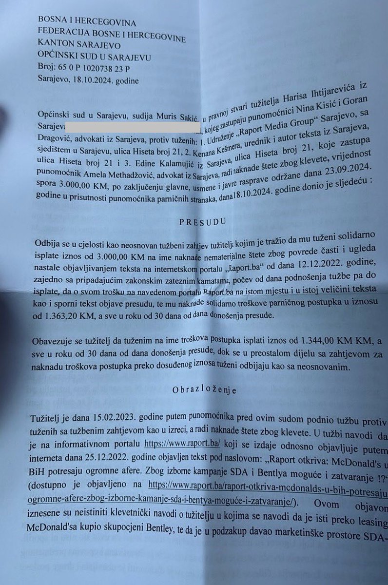 BaRaport's tweet photo. Općinski sud u Sarajevu donio je prvostepenu presudu kojom je odbacio tužbu bivšeg vlasnika licence za McDonald’s u BiH Harisa Ihtijarevića protiv Raporta za članak s naslovom: Raport otkriva: McDonald’s u BiH potresaju ogromne afere. Zbog izborne kampanje SDA i Bentleya moguće i zatvaranje!?