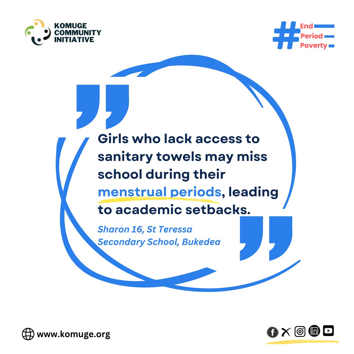 KomugeUG's tweet photo. “Girls who lack sanitary towels may miss #SCHOOL during their #Menstrualperiods, leading to academic setbacks.” Sharon, 16 St Teressa Secondary school, Bukedea. 
#EndPeriodPoverty https://t.co/uQXiqa8Lro