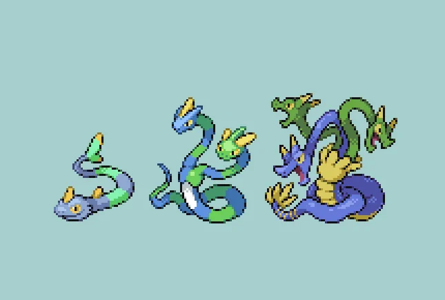 #fakemon #オリポケ ヒレヘビ・アオミドラ・ミツギドラ。