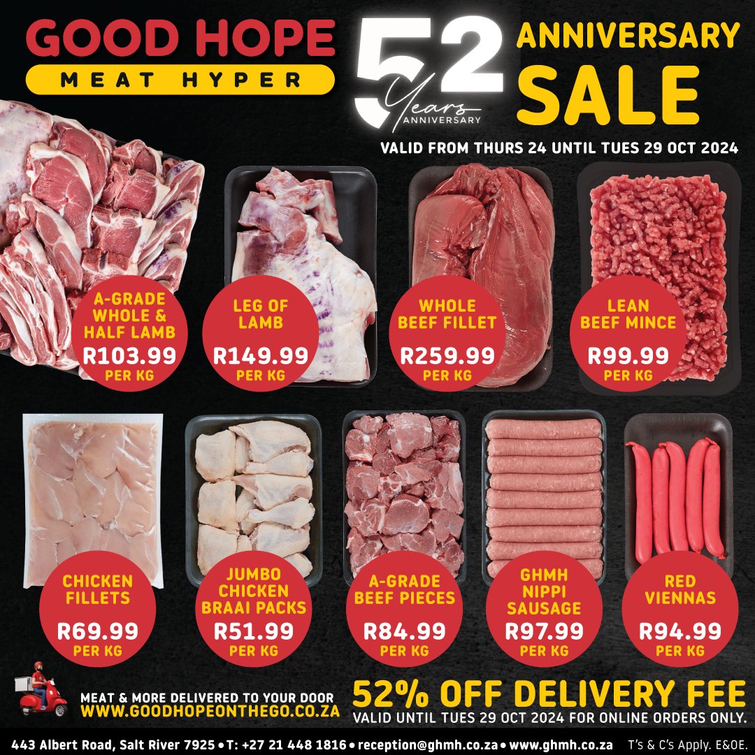 goodhopemeat's tweet photo. Anniversary Sale loading....
Get ready to shop our 52nd Anniversary Sale, with BIG Savings and quality you can trust.
Valid from Thursday 24 to Tuesday 29 October 2024.
#GoodHopeMeatMarket #ghotg #CapeTown #capetownbutcher #qualitymeats #halaalcapetown https://t.co/aWoHXc0qo6