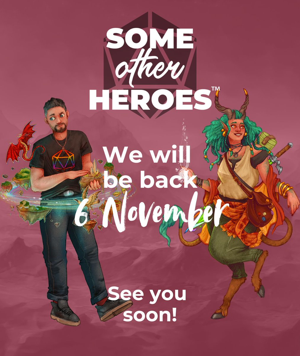 SomeOtherHeroes's tweet image. Hey folks Chris here!

This rotten cold is still lingering I am afraid so I chatted to the team and made the choice to take some time out to recover properly.

We are going to take a bit of a break and will be back 6th November.

#dungeonsanddragons #tabletoprpg