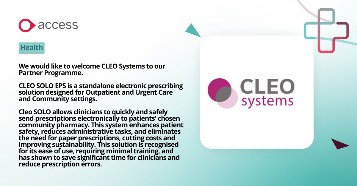 Access Health and Local Government (@accesshealthlg) on Twitter photo We would like to welcome <a href="/CleoSystems/">CLEO Systems</a> to our #PartnerProgramme!
Cleo SOLO is a standalone electronic prescribing solution designed for outpatient and urgent care settings. It allows clinicians to quickly and safely send prescriptions electronically to patients' chosen pharmacies We would like to welcome <a href="/CleoSystems/">CLEO Systems</a> to our #PartnerProgramme!
Cleo SOLO is a standalone electronic prescribing solution designed for outpatient and urgent care settings. It allows clinicians to quickly and safely send prescriptions electronically to patients' chosen pharmacies