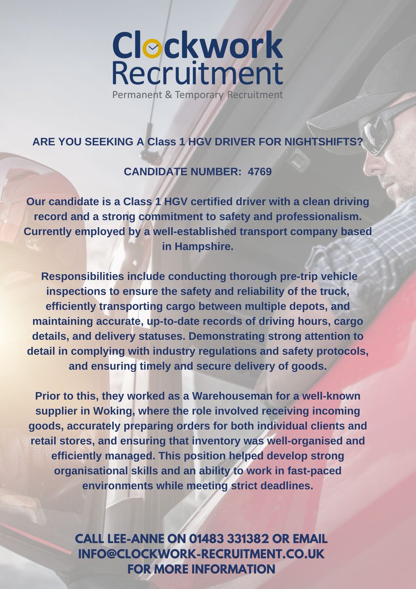 Clockwork_Jobs's tweet image. Can you help?  We have a great candidate who is an experienced HGV Driver looking for nightshift work.  If you are seeking a capable and professional driver then give Lee-Anne a call today.
 #HGVDriver #DriverJobs #NightShiftWork #TransportJobs