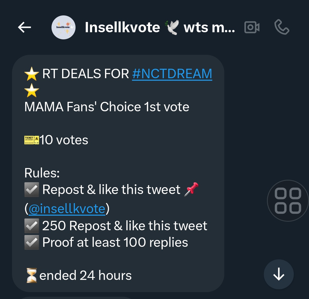 🚨DREAMzens🚨
Help complete this deal quickly‼️‼️

⭐ RT DEALS FOR #NCTDREAM ⭐
MAMA Fans' Choice 1st vote

🎫10 votes

Rules:
☑️ Repost &amp; like this tweet 📌 (<a href="/insellkvote/">Insellkvote 🕊️</a>)
☑️ 250 Repost &amp; like this tweet 
☑️ Proof at least 100 replies

⏳ended 24 hours