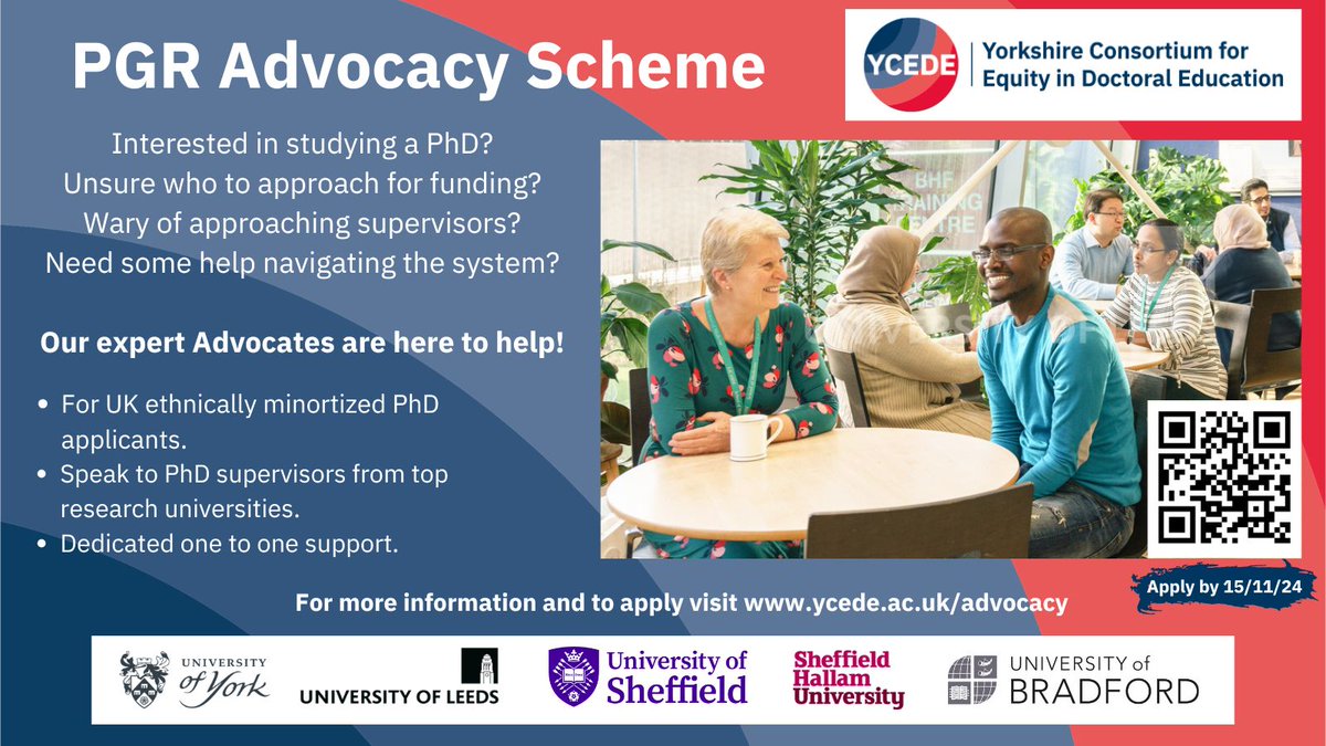 PhD applicants tell us how mystifying the PhD application process can be. That's why @theYCEDE put together the Advocacy Scheme, introducing you to academics that know the system and can guide you through the process.
Applications are open until 15/11/24 ycede.ac.uk/advocacy/