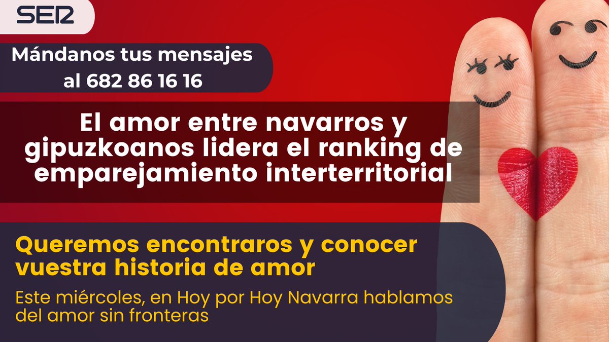 📣💞El amor entre navarros y gipuzkoanos lidera el ranking de emparejamiento interterritorial

🔎Queremos encontraros y conocer vuestra historia de amor

🎙️💏Este miércoles, en Hoy por Hoy Navarra hablamos del amor sin fronteras

Manda tus mensajes al 682 86 16 16