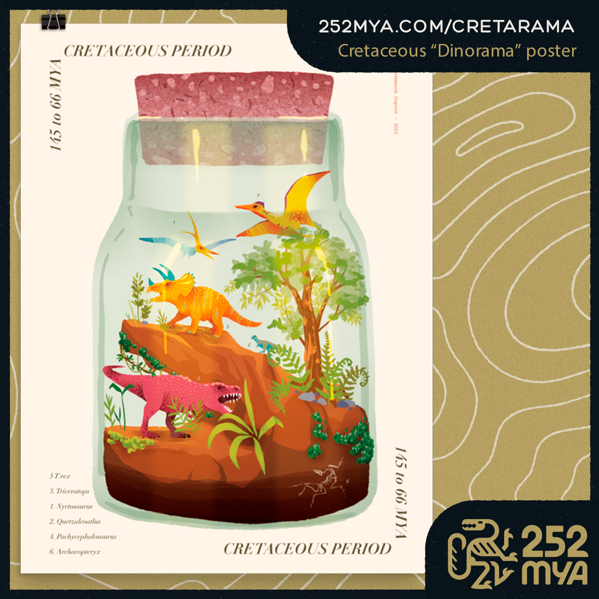 This Cretaceous time capsule features two tuneful pterosaurs, a trekking Triceratops, a trilling Tyrannosaurus, a peacocking Pachycephalosaurus and an awfully unalive Archaeopteryx.

252mya.com/cretarama

Art by @Tritrichoupi

#fossils #paleontology