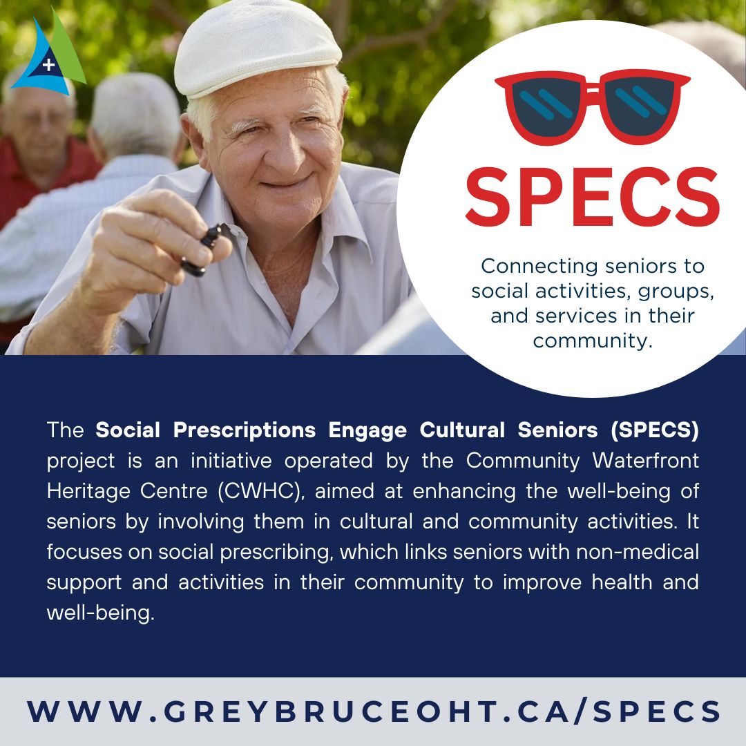 greybruce_oht's tweet photo. The SPECS Project connects seniors to social activities, groups, and services in their community. To get involved, call 519-371-3333 or email specs@waterfrontheritage.ca.
#SocialPrescribing #SPECS #CommunityActivities #ReduceIsolation #GBOHT #OHT #OntarioHealthTeam https://t.co/vNRJlOHvLu