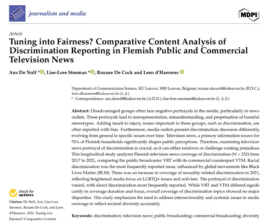 Our paper on how Flemish public (VRT) &amp; commercial (VTM ) TV news report on discrimination is published in 'journalism and media'!  From racial discrimination to LGBTQ+ issues and activism, we dive  into 252 broadcasts from 2017-2021. 📺✨