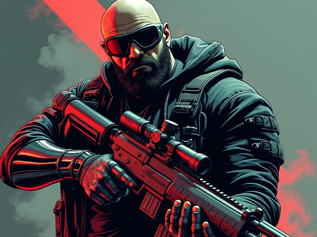 seimartino's tweet photo. Kuma. The bear they send when things get rough. Chrome arm, tactical precision, and eyes like a predator. You won’t see him coming till it’s too late. 🦾🔥 #pinkshades #Cyberpunk #CharacterDesign #Techwear #Synthwave #DigitalArtist https://t.co/EeAG3m9eV2