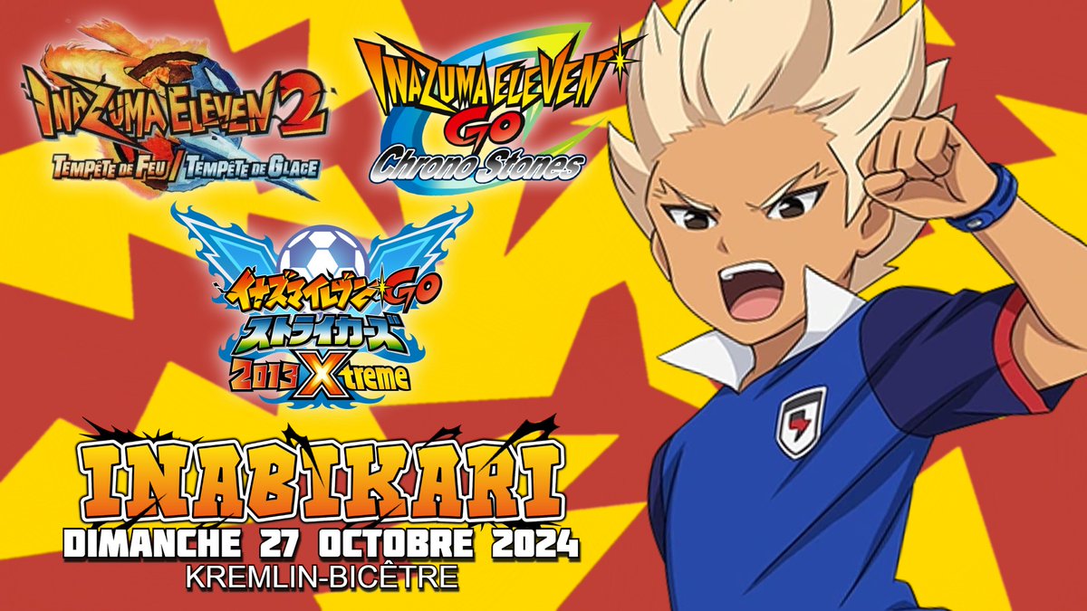 INABIKARIevent's tweet photo. ⚡ Ne manquez pas l'INABIKARI 2 ce dimanche!⚡ 

⚽ Rejoignez-nous pour un tournoi Inazuma Eleven électrisant ! 🏆

3 jeux sont mis à l'honneur : 
Inazuma Eleven 2 DS 
Inazuma Eleven Go Chrono Stone 3DS 
Inazuma Eleven GO Strikers 2013 Xtreme WII 

👇 Inscriptions &amp; Infos 👇 https://t.co/diWzJMSazI