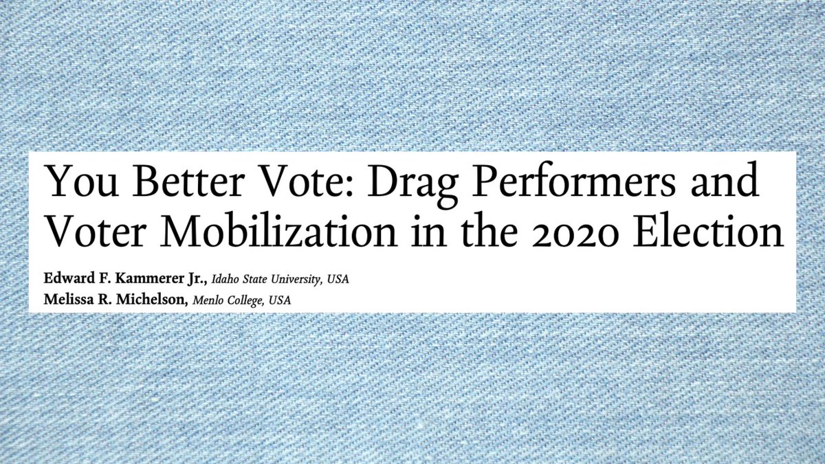 In celebration of LGBTQ+ History month, read You Better Vote by Prof. Kammerer Jr. and Prof. Michelson. 

"Younger people...who are less likely to vote, turn to drag performers as trusted messengers."

bit.ly/3NBkZay