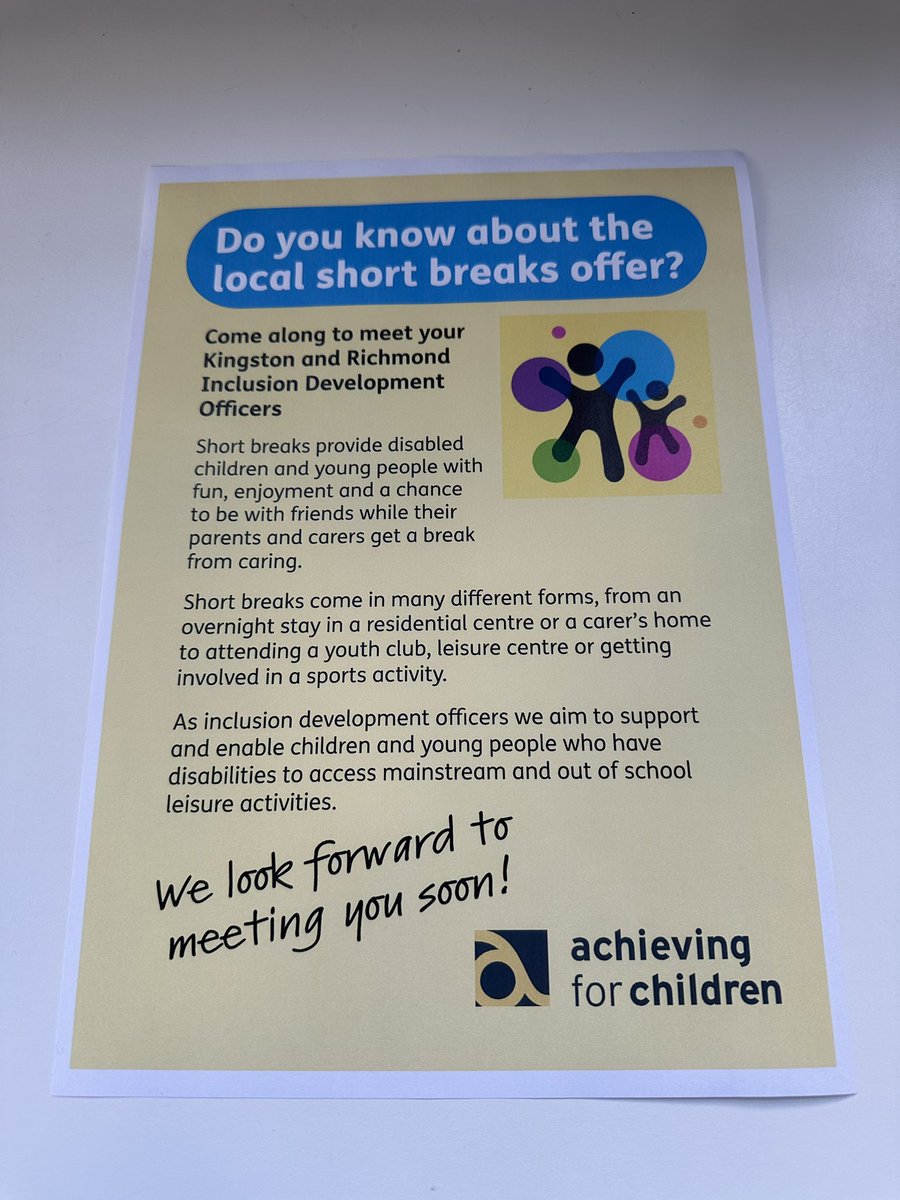 On Monday 4th November, we will welcome the <a href="/AfCLocal_Offer/">AfC SEND Local Offer for Kingston and Richmond</a>  Kingston and Richmond Inclusion Development Officers to talk about the local short break offer for disabled children and young people and their families living in both boroughs. 1pm is the time- see you then!❤️