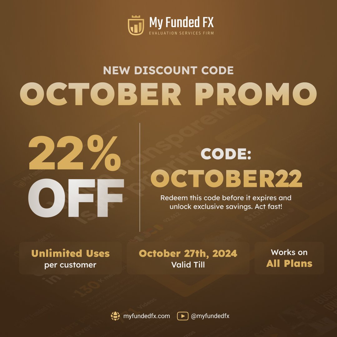NEW PROMO!
- 22% Discount
- Valid Till October 27
- Unlimited Uses Per Customer

<a href="/everyone/">Everyone</a> ➜ myfundedfx.com