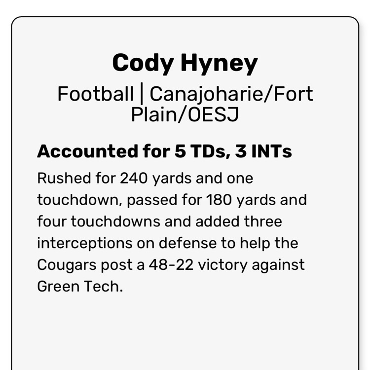 CanajoharieCSD's tweet photo. Vote for Cody Hyney for Section 2 Boys Athlete of the week!  Just log onto TimesUnion.com-Sports-High School-Scroll down to Athlete of the Week! https://t.co/6gVBPr9EKt