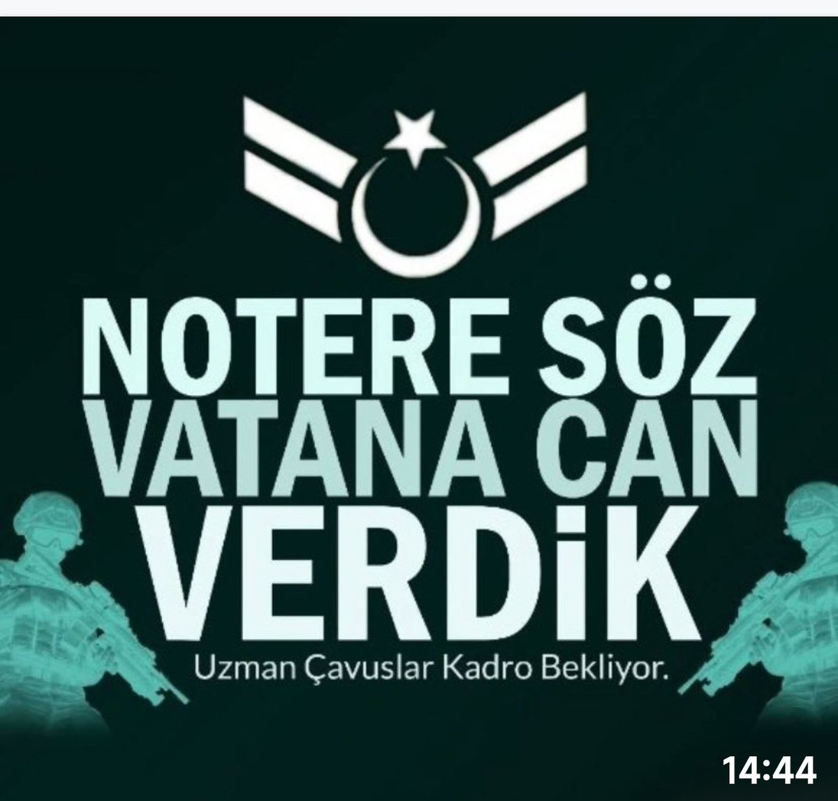 #NotereSözVatanaCanVerdik #UzmanÇavuş 
Kahraman Uzman Çavuş'lar var
Milletimiz huzurla yaşasın
Devletimiz ebedi müddet ayakta kalsın
İslam'ın son ordusu muzaffer olsun diyen birileri var
Vatan Savunmasının Sözleşmesi Olmaz. 
#UzmanÇavuş
<a href="/alitilkici38/">Ali Tilkici 🇹🇷</a>
<a href="/RTErdogan/">Recep Tayyip Erdoğan</a>
<a href="/dbdevletbahceli/">Devlet Bahçeli</a>