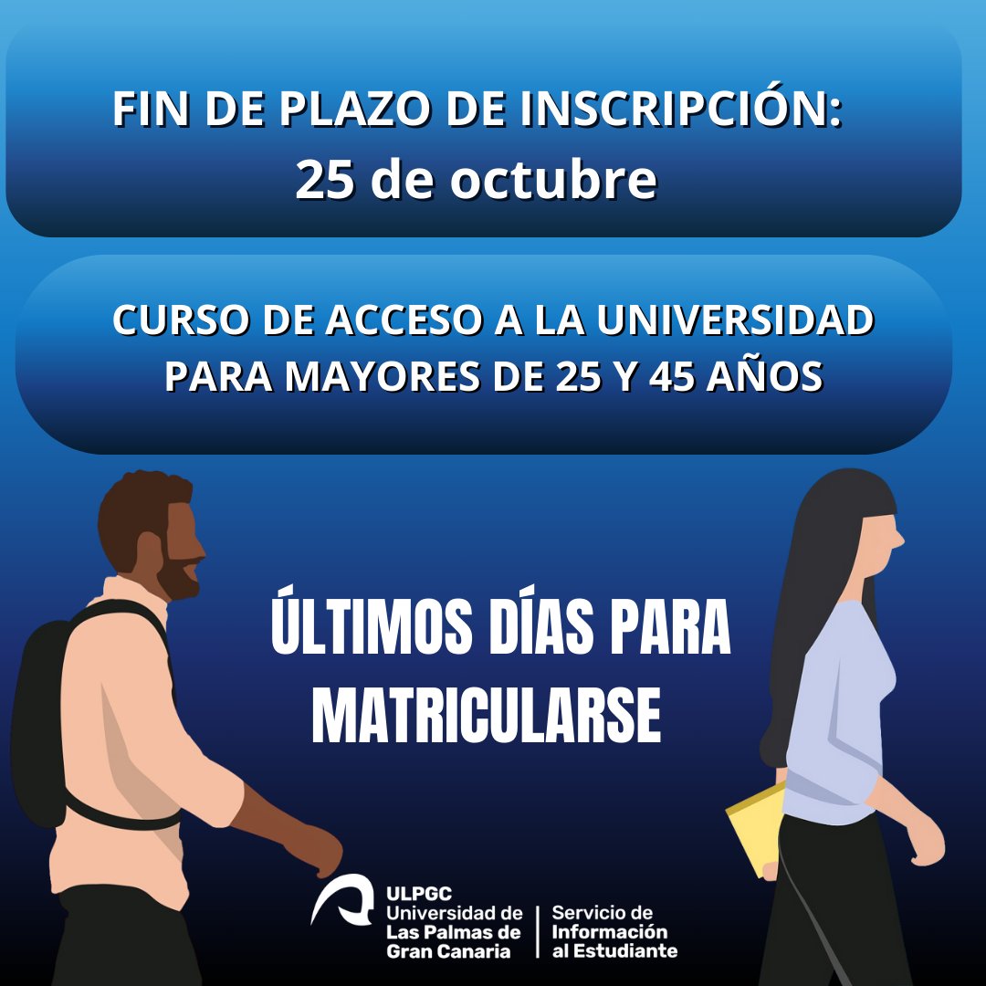 🔊¡¡Últimos días para matricularse en el curso de acceso a la Universidad para mayores de 25 y 45 años!! !!Aprovecha la oportunidad de acceder a la Universidad!! Sigue el link para informarte de los requisitos y matricularte: ulpgc.es/acceso/mayores…