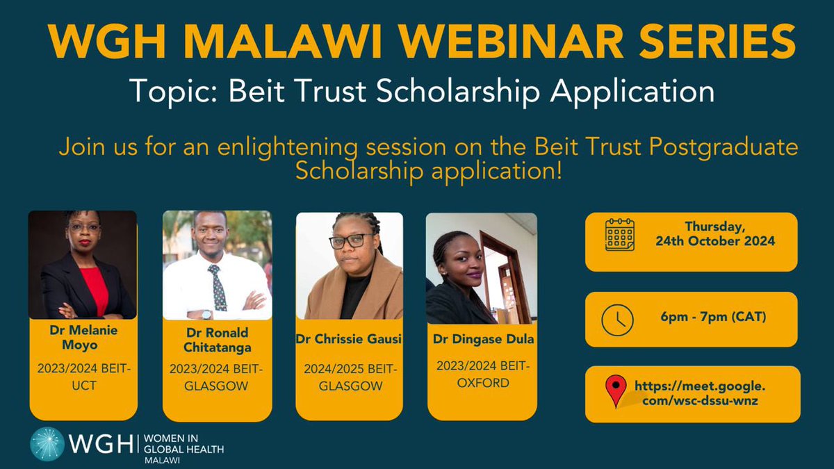 Beit Trust Postgrad scholarship sponsors MSc in SA and UK. it’s open to Zambia, Zimbabwe and Malawi residents.

Join in to connect with alumni who will share their experiences and advice on navigating the application process.

Open to all courses and all genders
