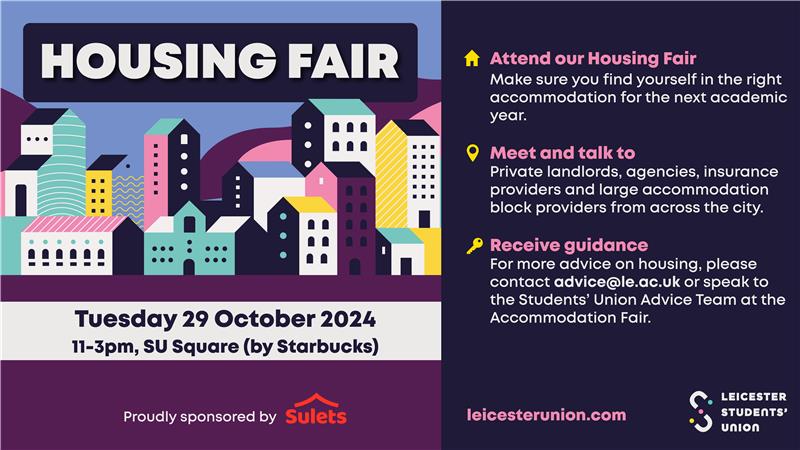 Leicester Students' Union Advice Service (@ulsuadvice) on Twitter photo Make sure to attend the University of Leicester Students' Union Housing Fair on 29th October 11-3pm in the SU Square!
The Housing Fair is proudly sponsored by <a href="/Sulets/">Sulets | Student Accommodation Leicester 🛏️ 🏡 🔑</a> Make sure to attend the University of Leicester Students' Union Housing Fair on 29th October 11-3pm in the SU Square!
The Housing Fair is proudly sponsored by <a href="/Sulets/">Sulets | Student Accommodation Leicester 🛏️ 🏡 🔑</a>