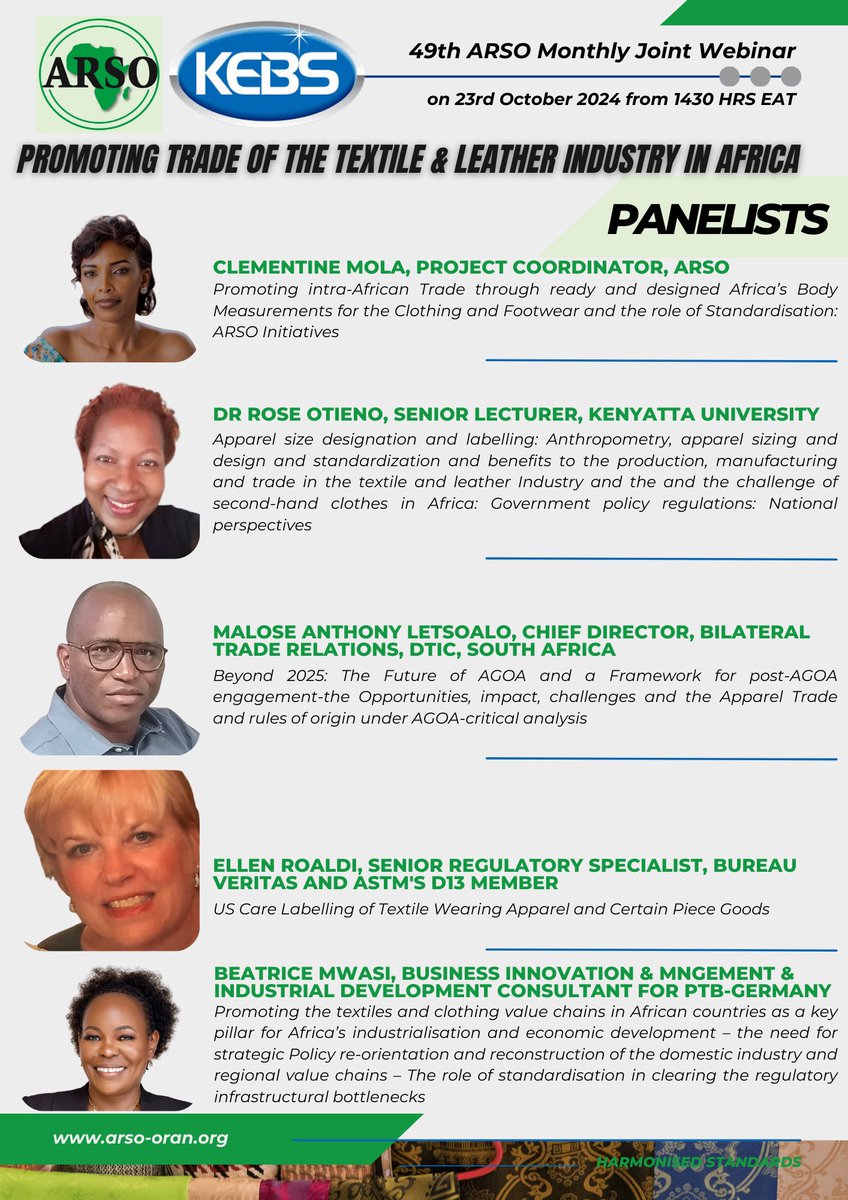 Welcome to an eye opening Webinar on Promoting Trade of the Textiles and Leather Industry in Africa through establishing Africa's Body Measurements on the 23rd October 2024 from 1430 HRS EAT

Register - us02web.zoom.us/meeting/regist…