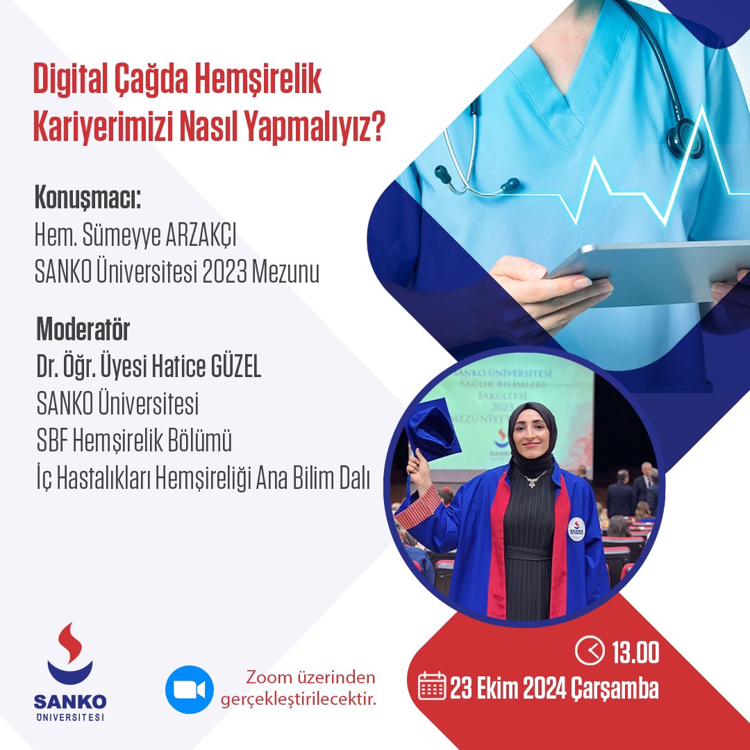 Kariyer Yönlendirme Birimimiz ve Hemşirelik Mezun İzleme Komitesi iş birliğinde, 23 Ekim 2024 Çarşamba günü saat 13.00’da “Dijital Çağda Hemşirelik Kariyerimizi Nasıl Yapmalıyız" konulu etkinlik gerçekleştirilecektir. #sankoüniversitesi