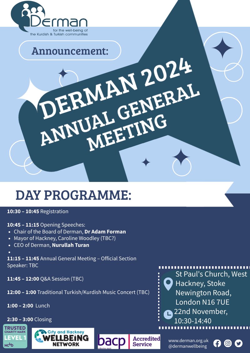 DermanWellbeing's tweet photo. Değerli Servis Kullanıcılarımız,
Sizleri Yıllık Genel Kurul Toplantımıza davet ediyoruz!
Dear Service Users,
We are inviting you to our Annual General Meeting!
#derman #agm #meeting #toplantı #mentalhealthawareness #mentalhealth #mentalhealthcharity #charity #gönüllüler #turkish https://t.co/G1U29uUsMs