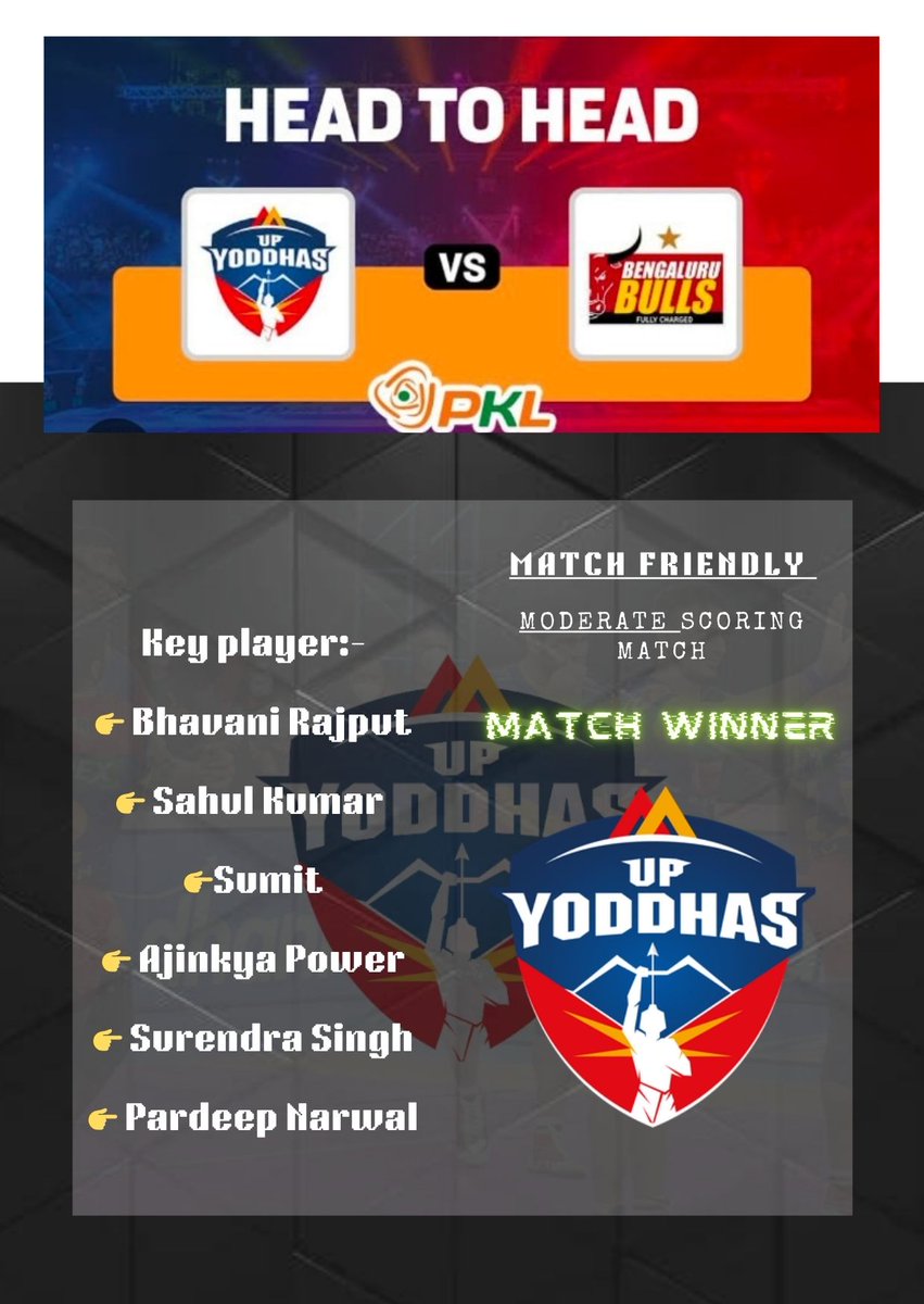 analysis_by_cj's tweet photo. Up yodhas vs Bangalore Bulls | Match winner 

@pro_kabbadi_season11 #prokabaddi #pro #prokabbadileague #pkl2024 #pklonline #pkl #telugutitans #matchprediction #dream11prediction #upyoddha #bangalore #bangalorebulls https://t.co/pPyL0cjoaS