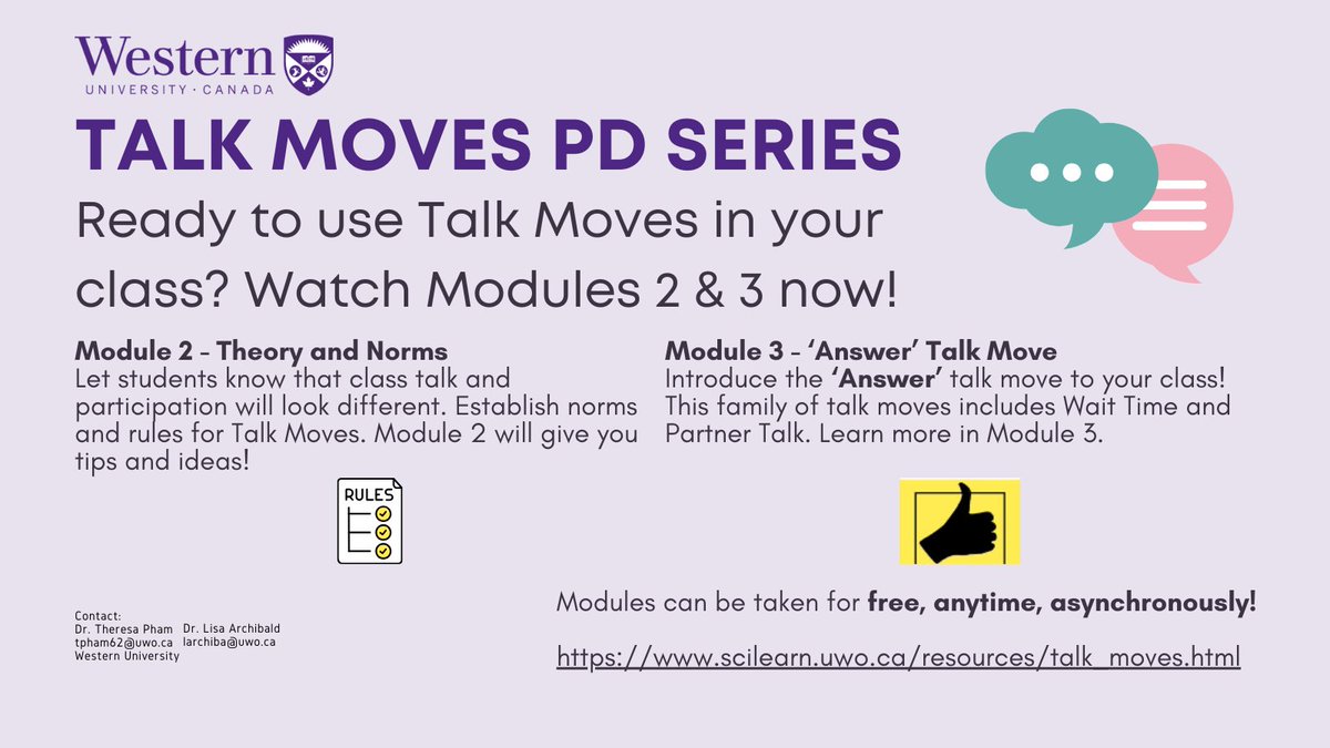 Talk Moves PD Series: Ready to start using Talk Moves in your class? Watch Modules 2 &amp; 3 now!
scilearn.uwo.ca/resources/talk…
#OntEd #scienceofreading #etfo <a href="/ONeducation/">Education Ontario</a>
<a href="/ETFOeducators/">Elementary Educators</a> <a href="/larchiba6/">Lisa Archibald</a>