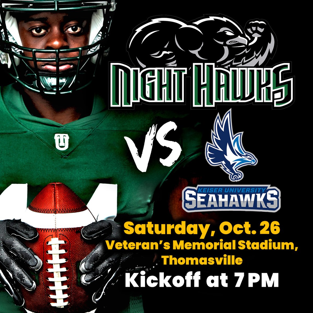 ThomasU1950's tweet photo. Let's cheer on our Night Hawks as they face off against Keiser University this Saturday at Veteran's Memorial Stadium. #NightHawks #Football #ThomasUniversity https://t.co/hdUsWz8lzK