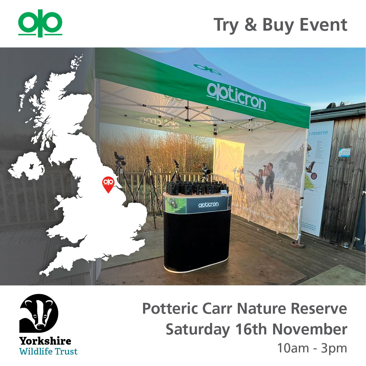 Over the next few weeks you can test out our range of optics at the following Try &amp; Buy events:

26/10 Wild Chesil <a href="/dorsetwildlife/">Dorset Wildlife Trust</a>
10/11 Elmley Nature Reserve <a href="/onestopnature/">One Stop Nature Shop</a>
16/11 Potteric Carr <a href="/YorksWildlife/">Yorkshire Wildlife Trust - follow us on Bluesky 🦋</a>