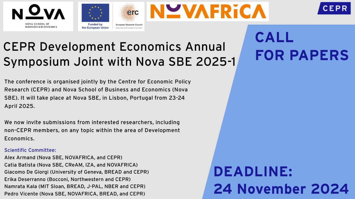 cepr_org's tweet image. 📢#CallForPapers

CEPR and @NovaSBE will jointly organise a #conference on #Development #Economics to take place in Lisbon, Portugal from 23-24 April 2025. Submissions now open!

📆Deadline: 24 November 2024
More details and submit here: ow.ly/Vi4950TQAzZ