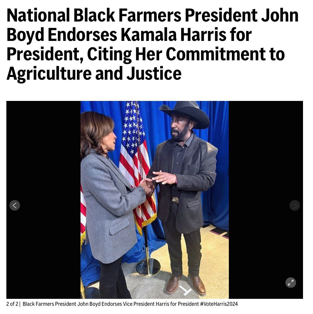 JWBoydNBFA's tweet photo. I’m urging everyone I know to vote for Kamala Harris for President! 

She has the vision to invest in agriculture and land ownership, and new loan programs and credits that make it easier for aspiring farmers to start & sustain their operations right here in the U.S. 

👩🏾‍🌾 🚜🇺🇸🌾🧑🏿‍🌾
#Vote #Harris2024 

https://t.co/wTM3Y2icK9