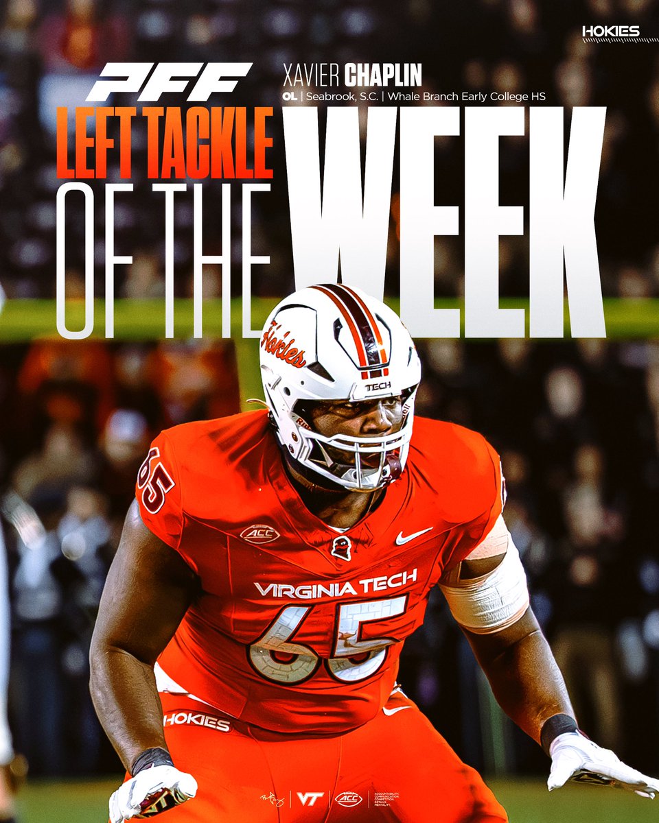 Virginia Tech Football (@hokiesfb) on Twitter photo Awards from the trenches π€
Congrats to <a href="/chaplin_xavier/">Xavier Chaplin</a> on being PFFβs Left Tackle of the Week π
#ThisIsHome | <a href="/PFF_College/">PFF College</a> Awards from the trenches π€
Congrats to <a href="/chaplin_xavier/">Xavier Chaplin</a> on being PFFβs Left Tackle of the Week π
#ThisIsHome | <a href="/PFF_College/">PFF College</a>