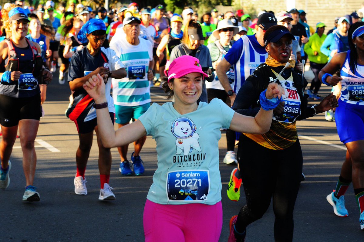 judyvanstaden's tweet photo. 26.2 miles of breathtaking views! Proud to have conquered the @CTMarathon repping @_bitchcoin 🐕‍🔥. Ladies, let’s take over both the roads and blockchain!  💪💰#BITCHshecandoanything #BITCHBoss #MilesForBITCH https://t.co/mN6EKvmpPL
