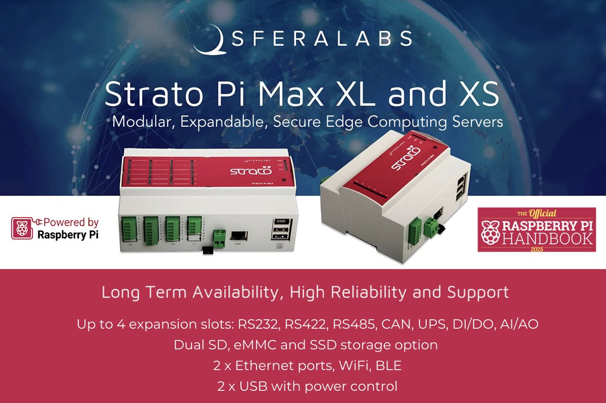Exciting news! We're featured on the back cover of the Official 2025 Raspberry_Pi Handbook! 🙌 Our ad highlights the Strato Pi Max XL &amp; XS, showcasing the benefits of our best-selling modular industrial server. Grab your copy now: thepihut.com/products/the-o…

#SferaLabs #RaspberryPi