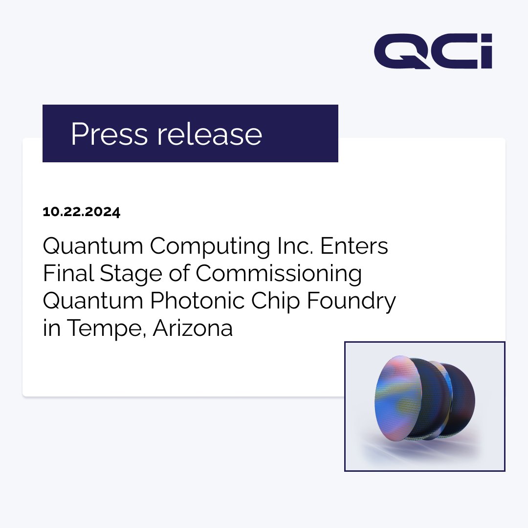 Exciting news from QCi🗞️🌟

QCi is pleased to announce that the Company has reached the final stage of commissioning its quantum photonic chip foundry in Tempe, Arizona!

Read the full press release here: bit.ly/48hWysk

Visit QCi Foundry webpage: bit.ly/3Bpt1Av