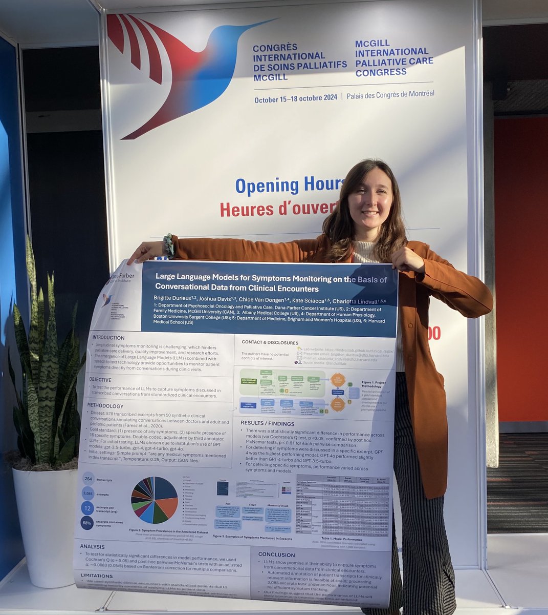 Lindvall Lab (@lindvalllab) on Twitter photo <a href="/DurieuxBrigitte/">Brigitte Durieux</a> presented our work at the McGill International Palliative Care Congress last week, exploring how we can use large language models for symptom detection! #MIPCC2024 <a href="/CareMcgill/">Palliative Care McGill</a> <a href="/joshp_davis/">Josh Davis</a> <a href="/sciacca_kate/">Kate Sciacca NP</a> <a href="/DurieuxBrigitte/">Brigitte Durieux</a> presented our work at the McGill International Palliative Care Congress last week, exploring how we can use large language models for symptom detection! #MIPCC2024 <a href="/CareMcgill/">Palliative Care McGill</a> <a href="/joshp_davis/">Josh Davis</a> <a href="/sciacca_kate/">Kate Sciacca NP</a>