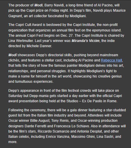 DannellAtchison's tweet photo. 🔥Article from The Hollywood Reporter 'The Hottest Ticket in Town: #JohnnyDepp to Close Out Rome Film Fest With #Modi Depp’s new film will be shown on Saturday after snagging the #CapriCultAward2024' #RoFF19
#CapriCultAward #LifetimeAchievementAward
#CongratulationsJohnnyDepp https://t.co/kjnoDJ7QMA