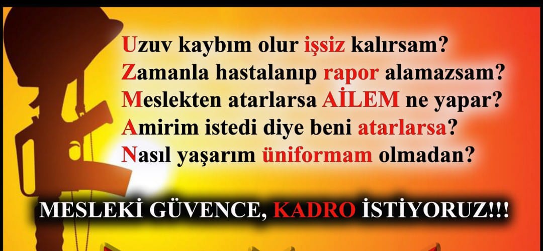 Uzuv kaybım olur işsiz kalırsam ?
Zamanla hastalanıp rapor alamazsam ?
Meslekten atarlarsa ailem ne yapar ?
Nasıl yaşarım üniformam olmadan ? #Uzmançavuş
Mesleki güvence,Kadro istiyoruz .
#NotereSözVatanaCanVerdik