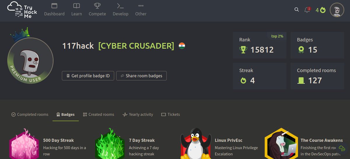 lit_hack's tweet photo. New Title Earned @tryhackme https://t.co/LkUZnp35le