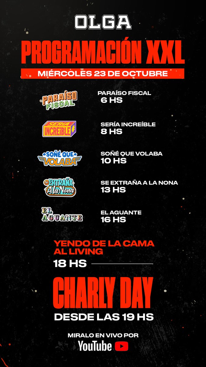 olgaenvivo's tweet photo. ROMPEEEELAAAAA PROGRAMACIÓN XXL 🔥

🎸 #OLGACharlyDay 18 HS este MIÉRCOLES 23 de OCTUBRE

🫡 VAS A PODER VERLO EN VIVO POR OLGA EN YOUTUBE 👉https://t.co/29Jco5rIav https://t.co/axybZzjcU9