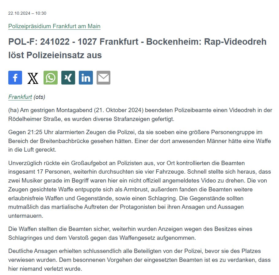 Polizei_Ffm's tweet photo. 🚨 Gestern Abend meldeten Zeugen über Notruf eine größere Personengruppe an der #Breitenbachbrücke in #Bockenheim. Eine der Personen soll eine Waffe in die Luft gehalten haben.

🚔 Vor Ort trafen unsere Kolleginnen und Kollegen auf 17 Personen und vier Fahrzeuge. Die durch die Zeugen gesichtete Waffe entpuppte sich als Armbrust. Außerdem führten die Personen mehrere erlaubnisfreie Waffen und einen Schlagring mit sich.

📽️ Es stellte sich heraus, dass es sich um einen nicht offiziell angemeldeten Videodreh handelte.

💬 Nach einer deutlichen Ansage erhielten alle anwesenden Personen einen Platzverweis . Die Waffen wurden sichergestellt und mehrere Strafanzeigen gefertigt.

🗞️ PM: https://t.co/H16KesN7ie