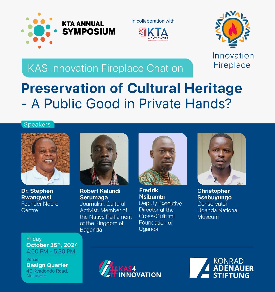 KasUganda's tweet photo. Exciting conversations coming up this Friday! Together with @kta_law we organise an Identity Talk on how the Ugandan Kingdoms shape the country's policies and an Innovation Fireplace Chat on the preservation of Cultural Heritage. Join us for the @KTASymposium at Design Quarter! https://t.co/TP9J7zW0Cy