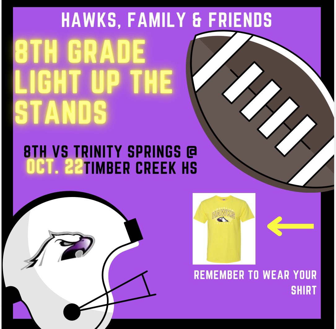 Light up the stands tonight as we play in our #FutureFalcons match up against rival  TSMS tonight!

8th <a href="/TCHSFootball/">TCHS Falcon Football</a> Stadium 5pm
7th @ Trinity Springs MS 5/6:15pm
@TimberviewMS <a href="/DrGuerrero17/">Dr. G</a> <a href="/TMS_yrbk/">TMS Yearbook</a> <a href="/KISDAthletics/">Keller ISD Athletics</a>